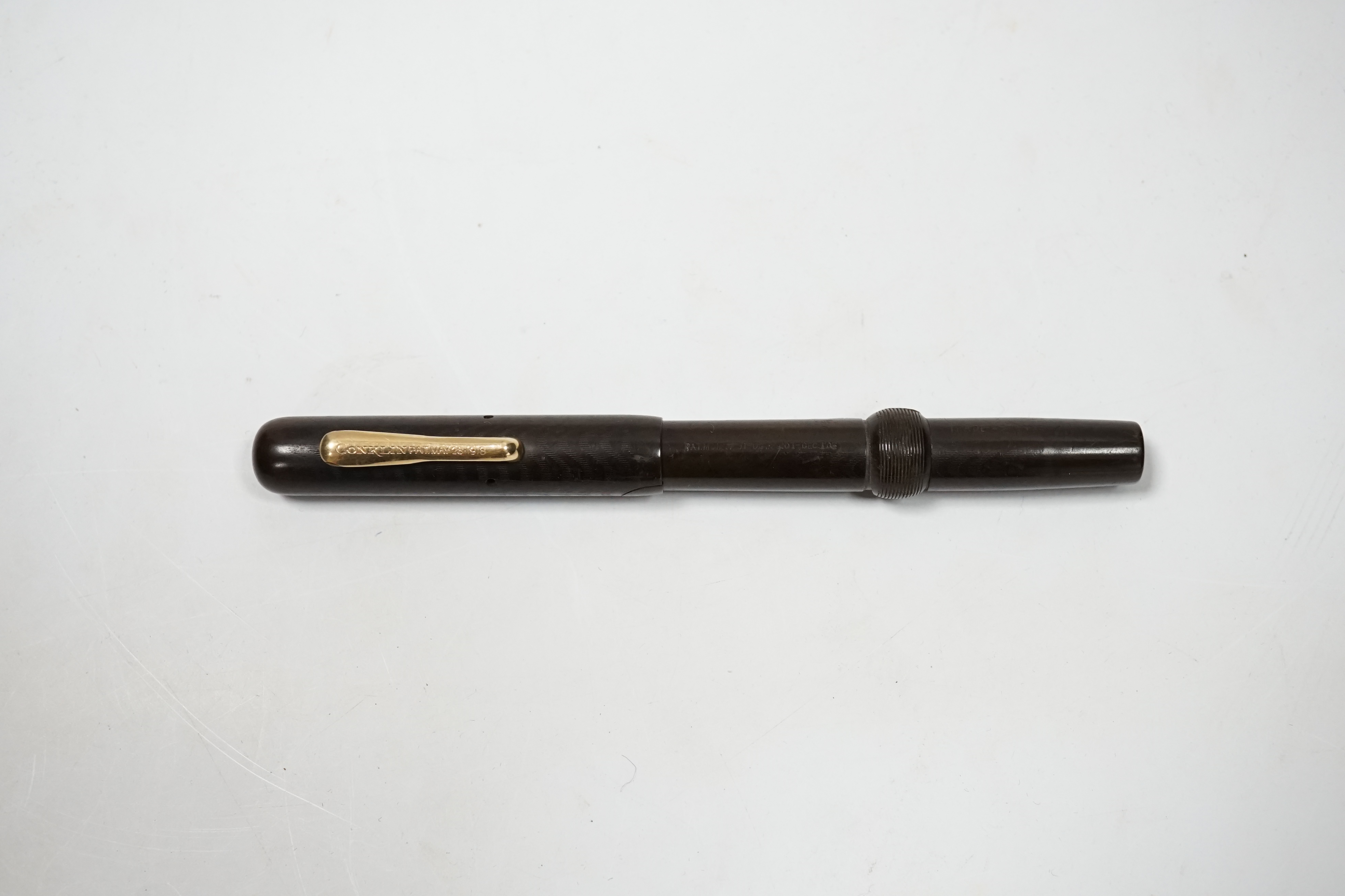 A rare Conklin Crescent hard rubber fountain pen, 18K Conklin 2 nib, cap with clip, patented 1918